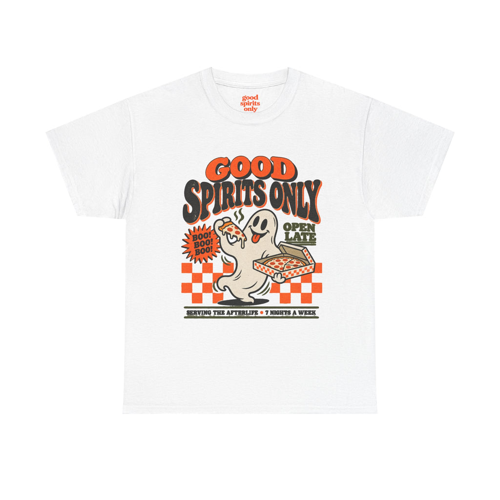 Good Spirits Only Ghost Pizza T-Shirt | Cute Retro Halloween Tee