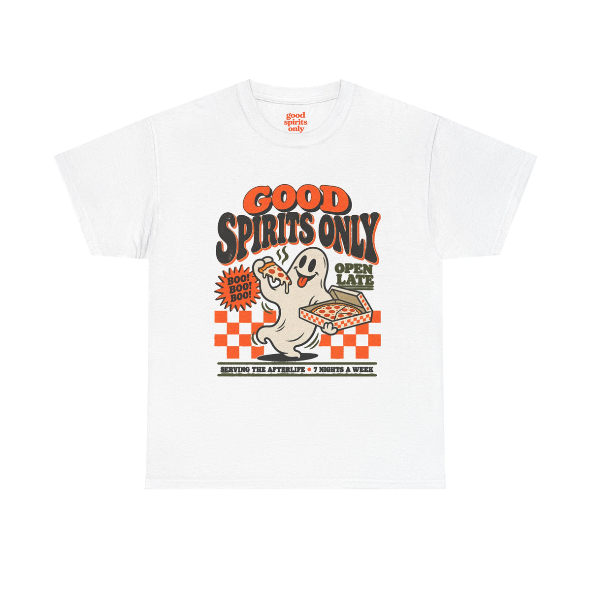 Good Spirits Only Ghost Pizza T-Shirt | Cute Retro Halloween Tee
