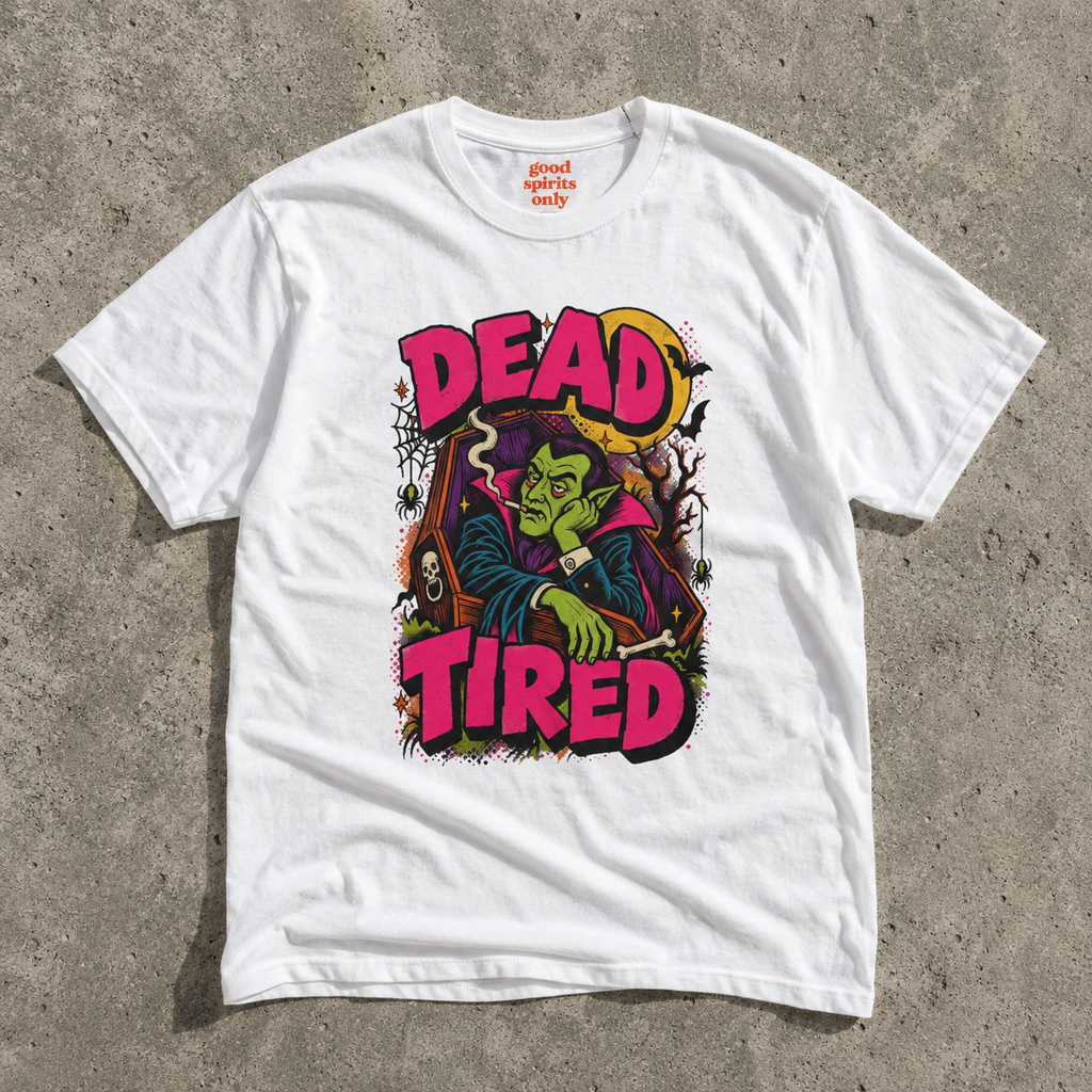 Dead Tired Vampire Tee | Retro Goth Illustration, Smoky Horror Quote