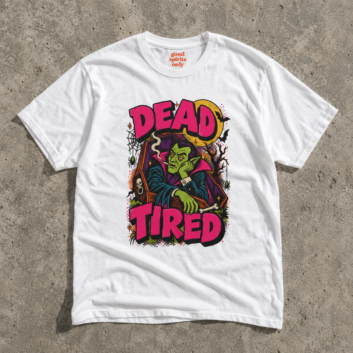 Dead Tired Vampire Tee | Retro Goth Illustration, Smoky Horror Quote