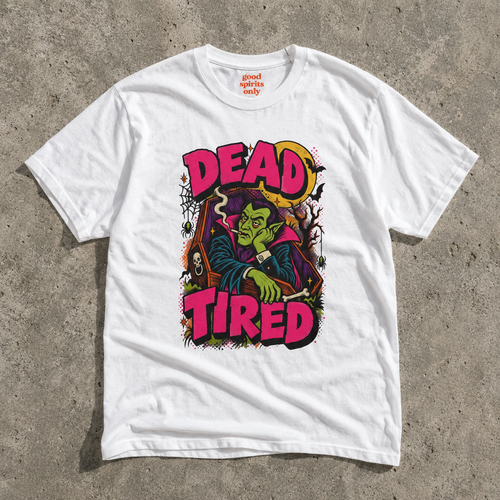Dead Tired Vampire Tee | Retro Goth Illustration, Smoky Horror Quote