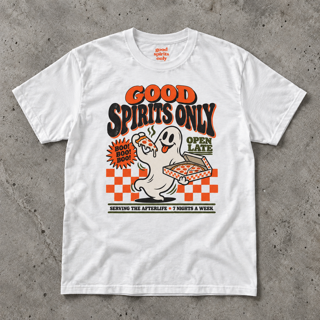 Good Spirits Only Ghost Pizza T-Shirt | Cute Retro Halloween Tee