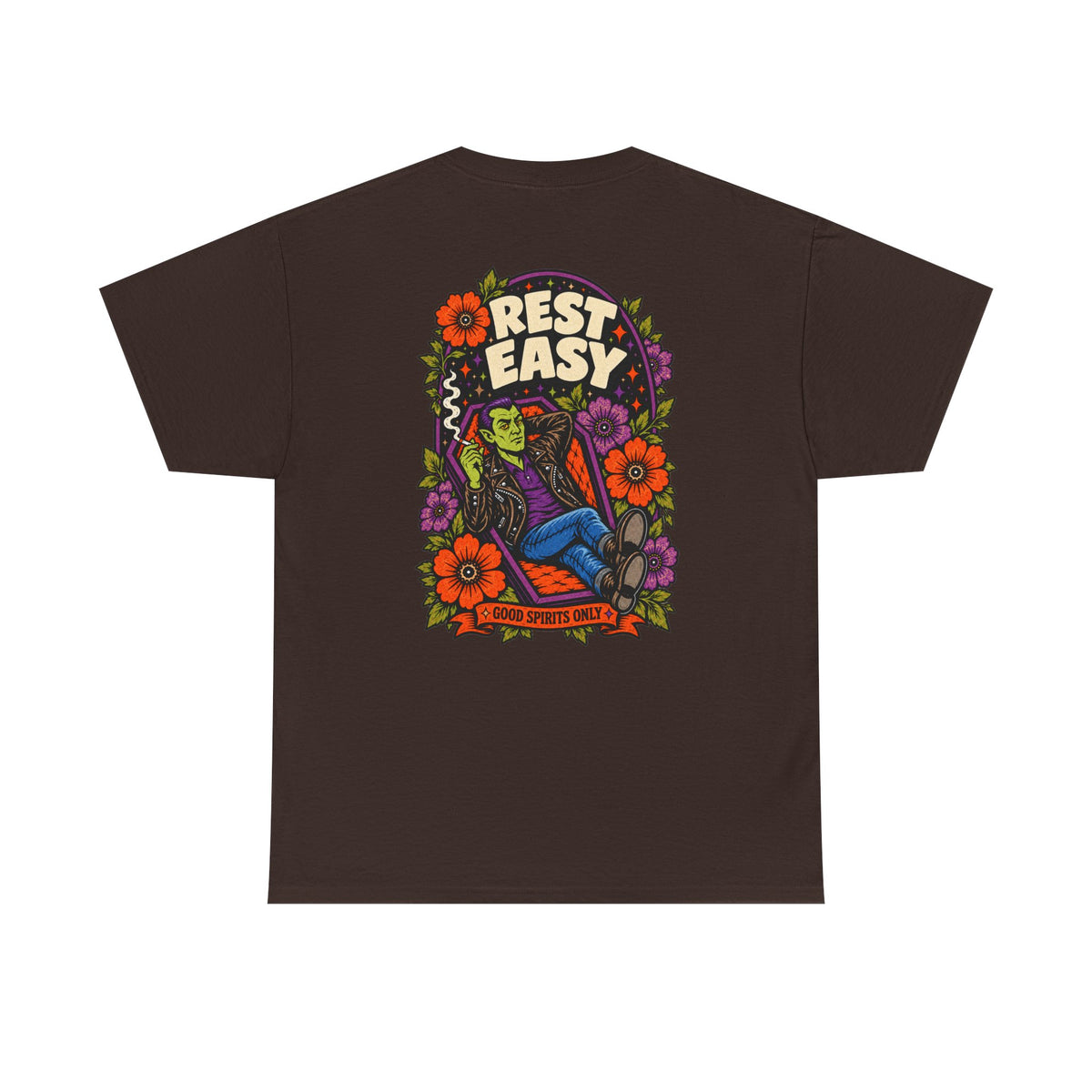 Rest Easy Skeleton Floral design T-Shirt | "good spirits only" front pocket print