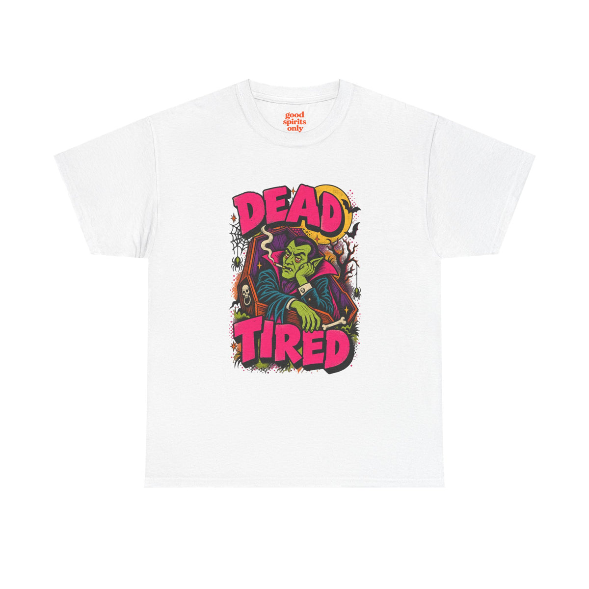 Dead Tired Vampire Tee | Retro Goth Illustration, Smoky Horror Quote
