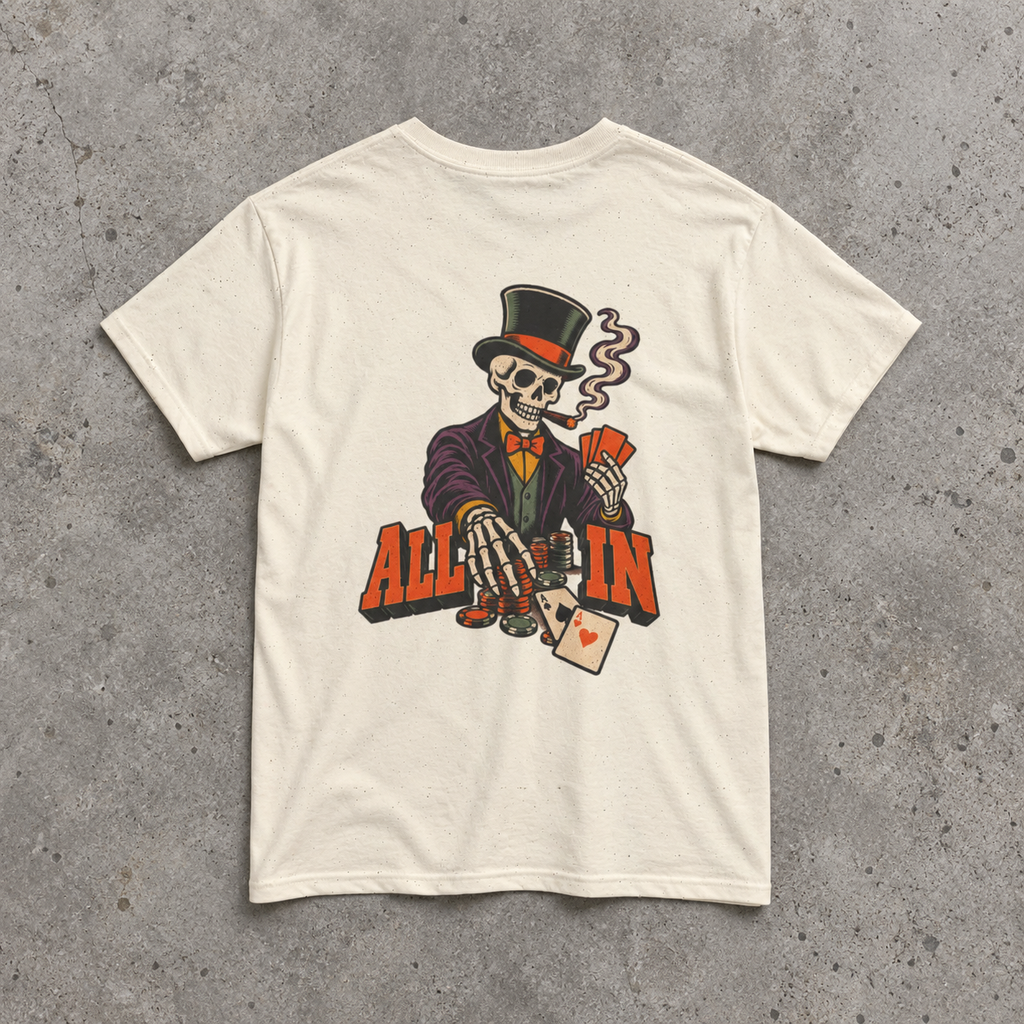 Skeleton Gambler All In T-Shirt | Poker Skull Top Hat Tee