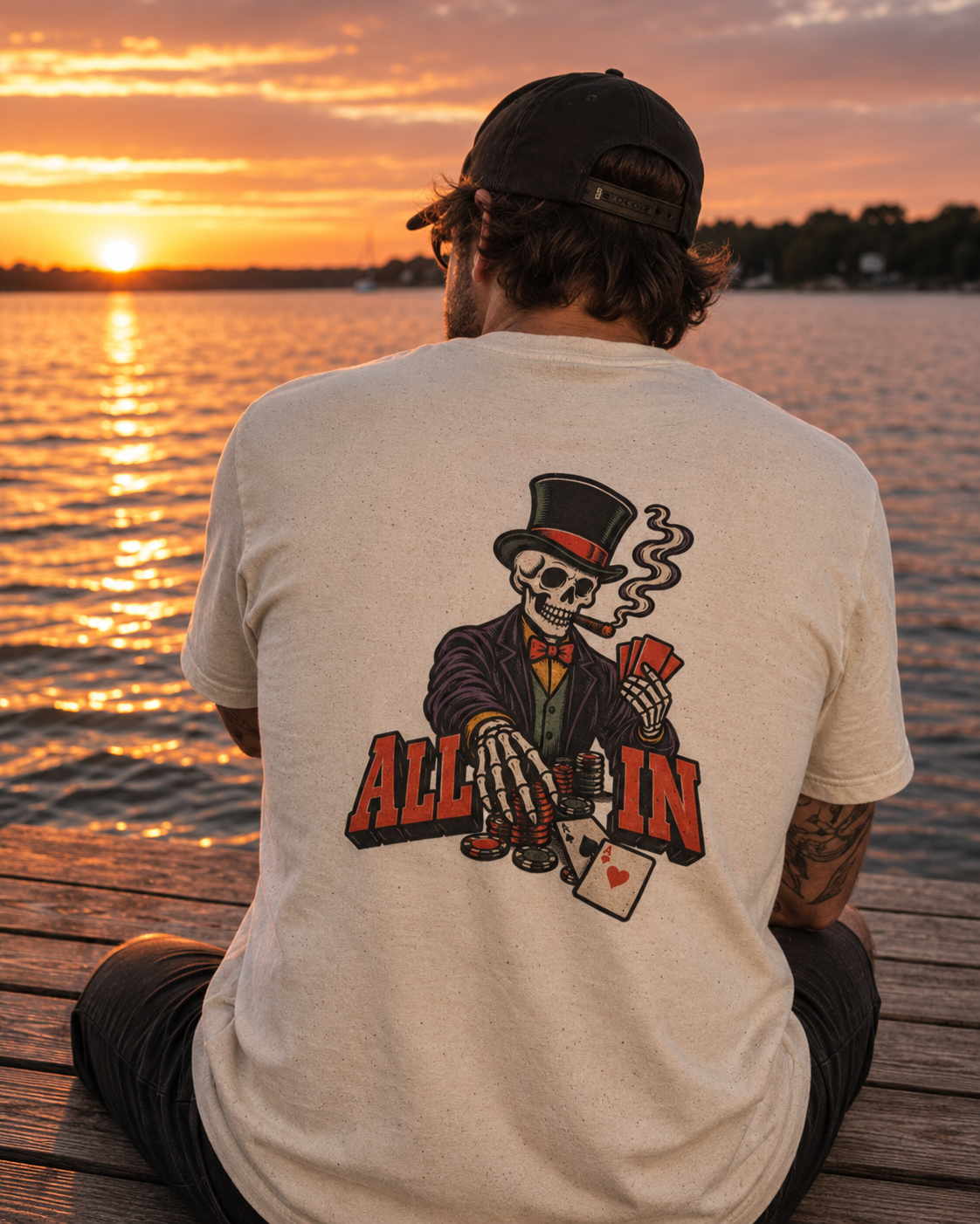 Skeleton Gambler All In T-Shirt | Poker Skull Top Hat Tee