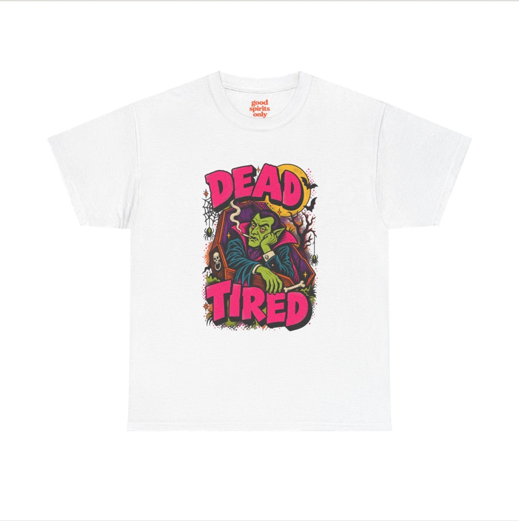 Dead Tired Vampire Tee | Retro Goth Illustration, Smoky Horror Quote