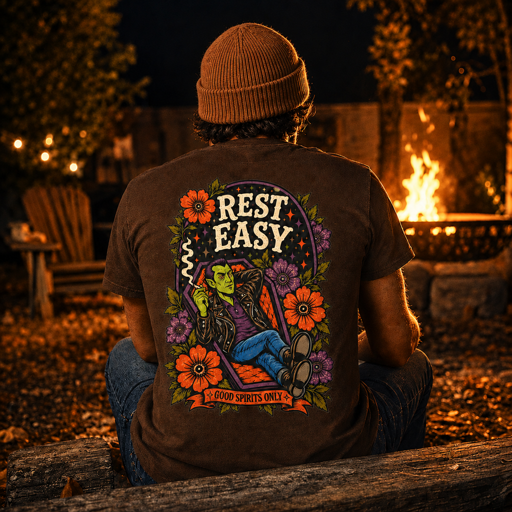 Rest Easy Skeleton Floral design T-Shirt | "good spirits only" front pocket print