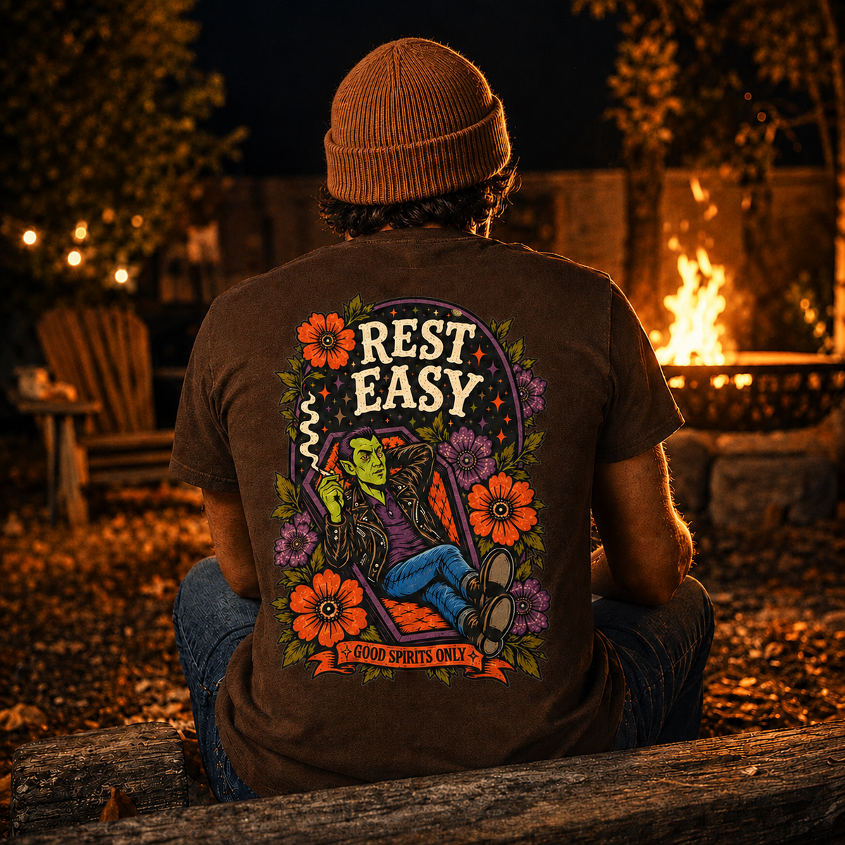 Rest Easy Skeleton Floral design T-Shirt | "good spirits only" front pocket print
