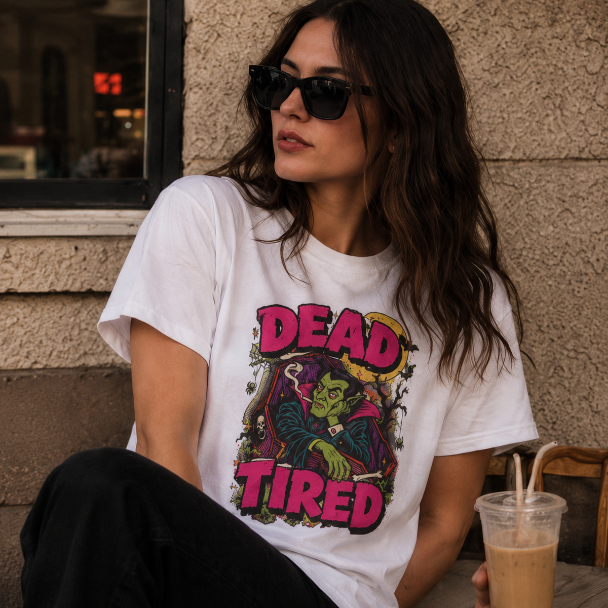 Dead Tired Vampire Tee | Retro Goth Illustration, Smoky Horror Quote