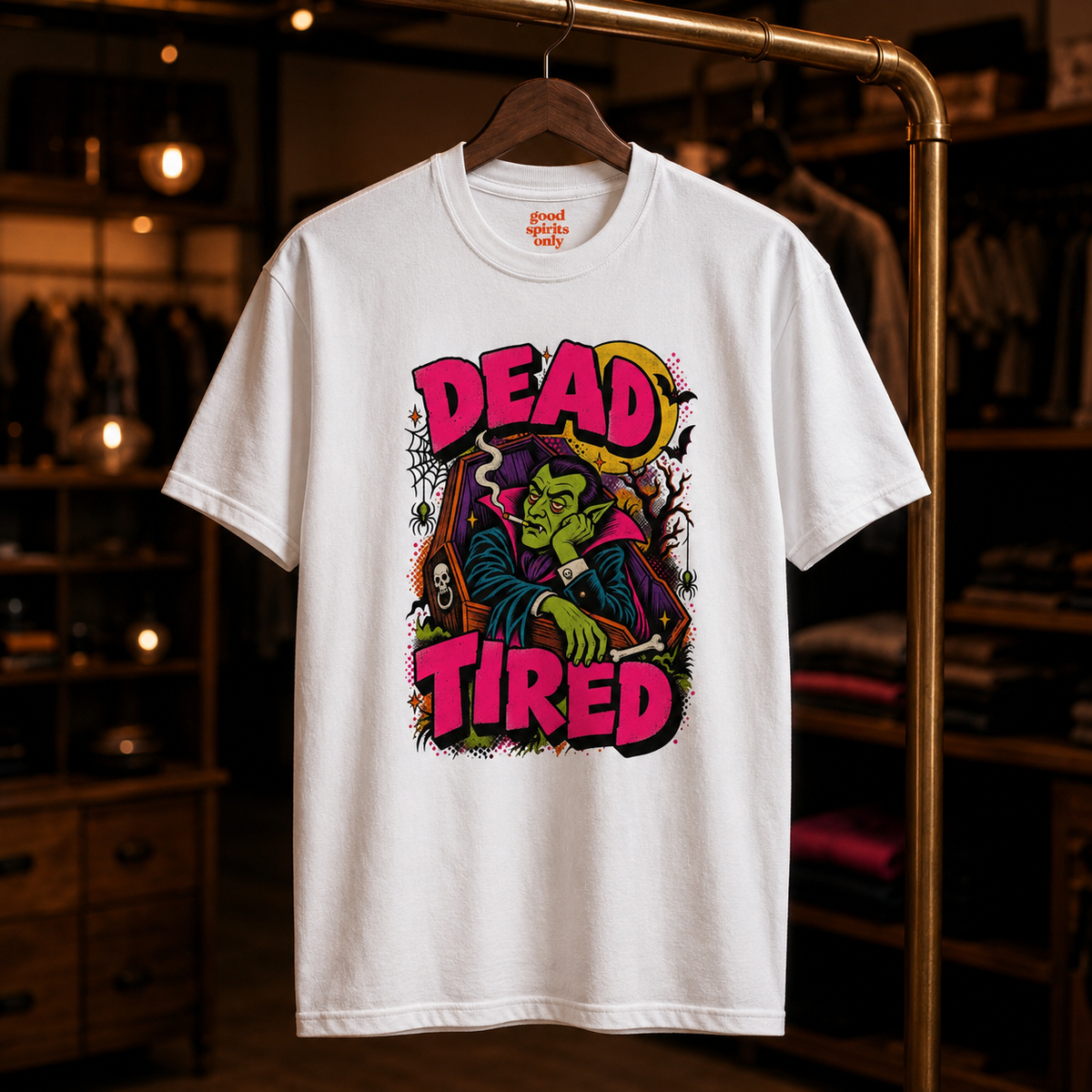 Dead Tired Vampire Tee | Retro Goth Illustration, Smoky Horror Quote
