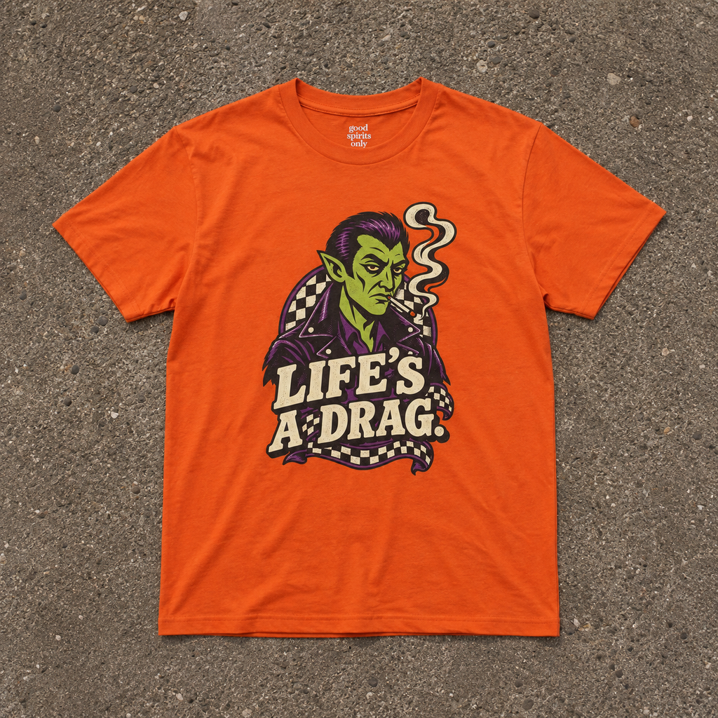 Life's a Drag Vampire Graphic Tee | Retro Halloween Monster Shirt