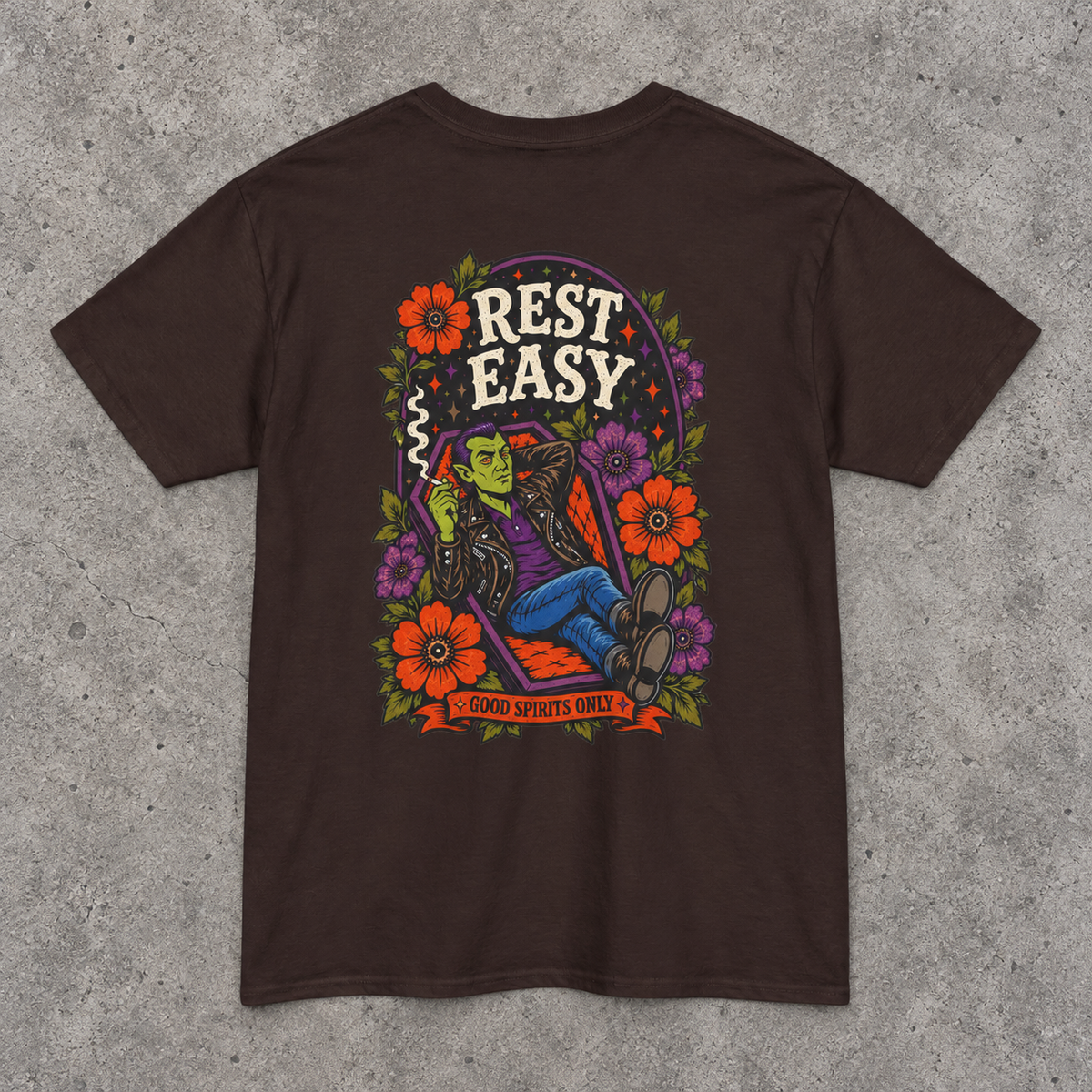 Rest Easy Skeleton Floral design T-Shirt | "good spirits only" front pocket print